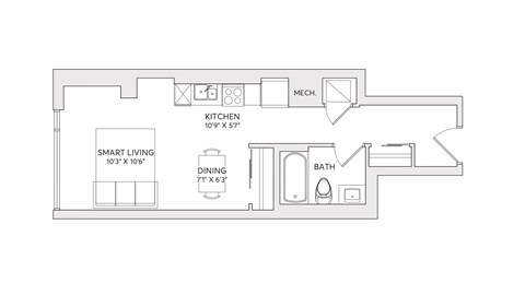 A floor plan of a small apartment with a kitchen, dining area, bathroom, and a smart living room.